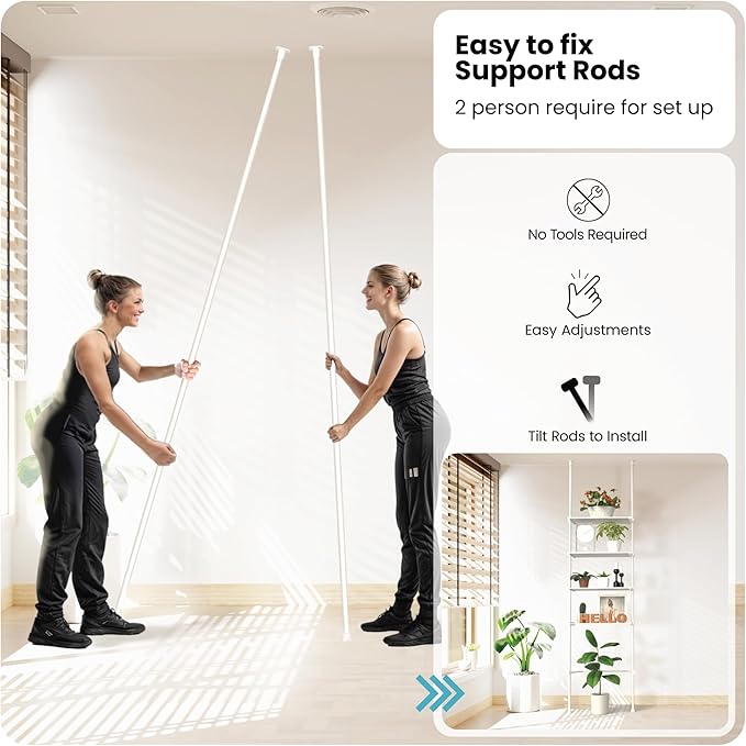 Home Zone Living Over-the-Toilet Organizer with Adjustable 4-Tier Shelves, Tension-Mounted Bathroom Storage Rack for Ceilings 91" to 114" High, White