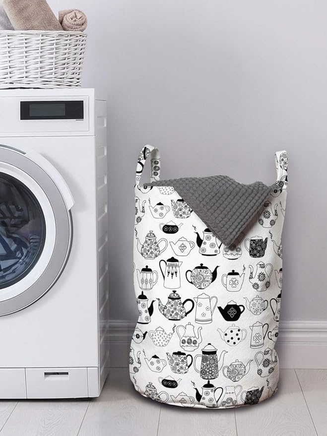 Ambesonne Tea Party Laundry Bag, Floral Patterned Cups with Different Designs Monochrome Timeless Kitchenware, Hamper Basket with Handles Drawstring Closure for Laundromats, 13" x 19", White Black