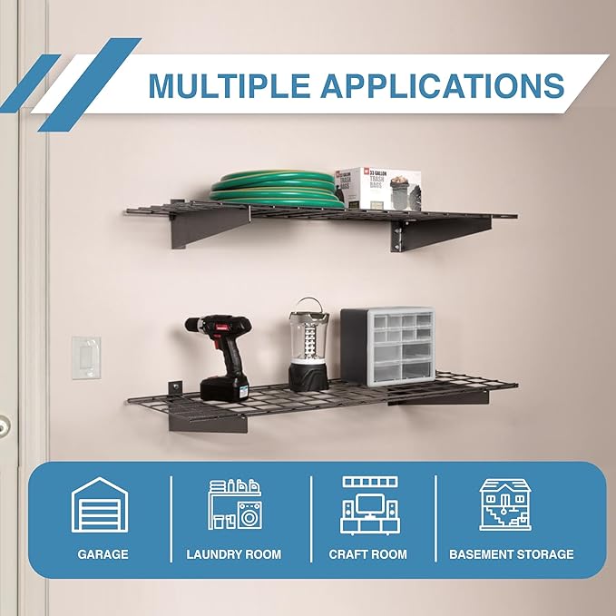 Hyloft 00630 2-Pack Heavy Duty Steel Wall Garage Shelving, 48-Inch X 24-Inch Wall Mounted Shelves for Garage Storage, Low-Profile Brackets, Max Shelf Load 150 Pounds, White Powder Coated Finish