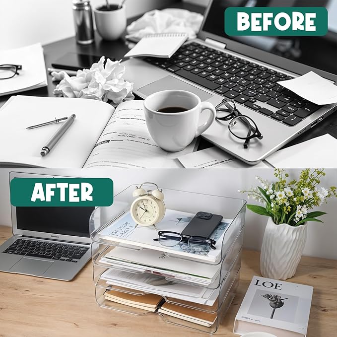 4 Pack Paper Organizer Letter Tray Clear Desk Organizer, Clear PET Desk Rrganizer for Magazines, Binders, Notebooks, Envelopes, Multi-Purpose Plastic Paper Tray Organizer