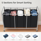 STORAGE MANIAC 5 Section Laundry Sorter, 5 Bins Rolling Separator Laundry Basket, Dirty Clothes Hamper Divider with Heavy Duty Rolling Lockable Wheels, Large Clothes Organizer Cart, Black