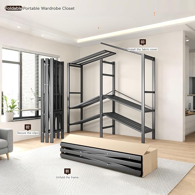 Heavy Duty Portable Closet with Cover Magnetic Doors, Metal Rolling Clothes Rack Heavy Duty 1500LBS, Foldable Clothing Rack, Garment Racks for Bedroom/LivingRoom/Rental (KT Coffee, 59.05in)