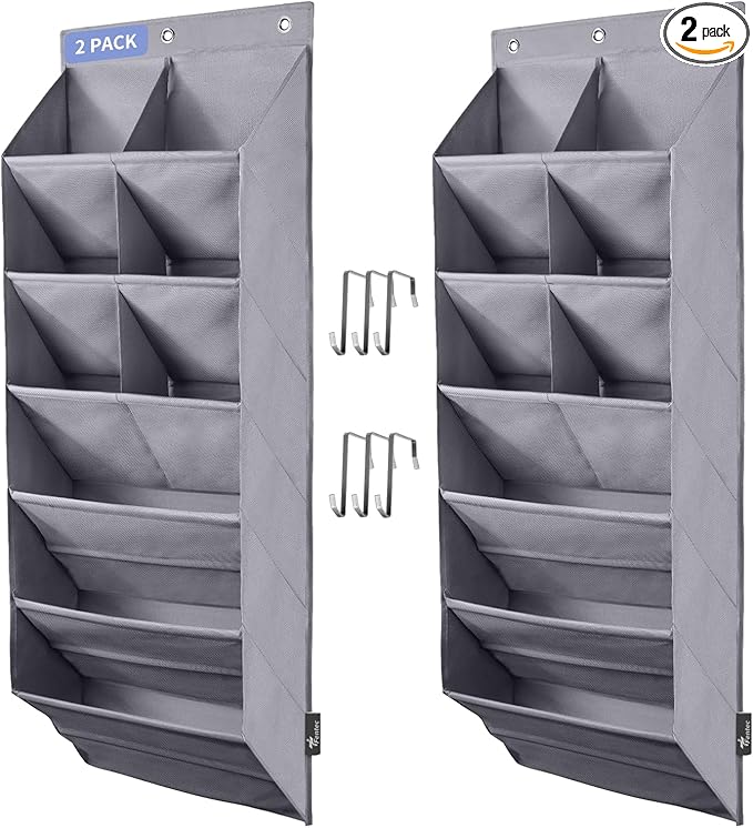 FENTEC 2 Pack Over the Door Shoe Organizer, Hanging Shoe Organizer, 6-Tier Large Deep Pockets Door Shoe Rack with 3 Hooks Shoe Organizer for Shoes, Sneakers, and Home Accessories, Grey