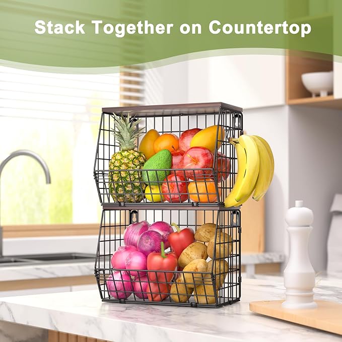 Fruit Basket for Kitchen Counter 2 Tier Fruit Bowl, Stackable Wall Mounted Hanging Fruit Basket Wire Baskets with Wood Lid with 4 Banana Hanger Hooks, Onion Basket, Fruit and Vegetable Storage