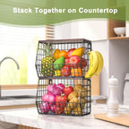 Fruit Basket for Kitchen Counter 2 Tier Fruit Bowl, Stackable Wall Mounted Hanging Fruit Basket Wire Baskets with Wood Lid with 4 Banana Hanger Hooks, Onion Basket, Fruit and Vegetable Storage