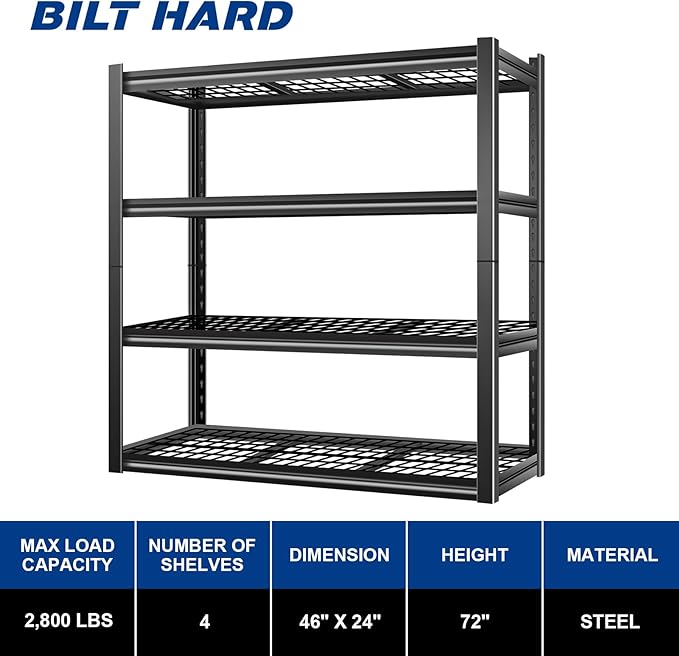 BILT HARD 4-Tier Metal Garage Storage Shelves, 46" W x 24" D x 72" H Industrial Heavy Duty Garage Shelving with Adjustable Shelf, Steel Utility Shelves for Warehouse, Workshop, Basement