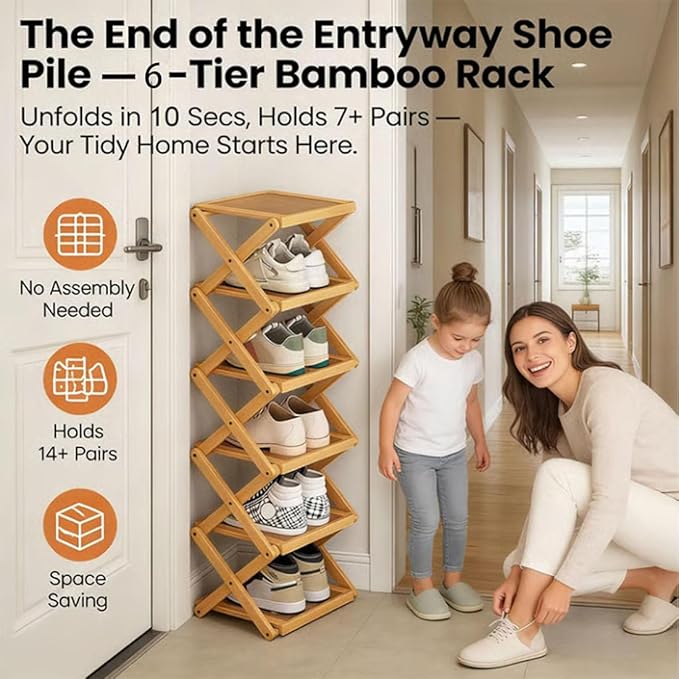 The 9-Tier No-Assembly Bamboo Rack, Foldable Stackable 9 Tier Bamboo Shoe Rack Vertical Storage Sturdy & Stable, Tall Narrow Space-Saving Expandable Shoe Rack for Entryway Closet Dorm (Brown,9 Tiers)