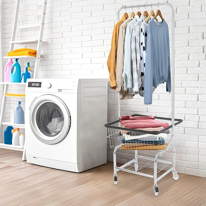 70"H Laundry Cart, Rolling Laundry Basket with Hanging Rack & Wheels, Metal Steel Wire Clothes Hamper with Storage Shelf for Homes, Hotels, Bathrooms & Commercial Laundry, 110lbs Capacity(D)
