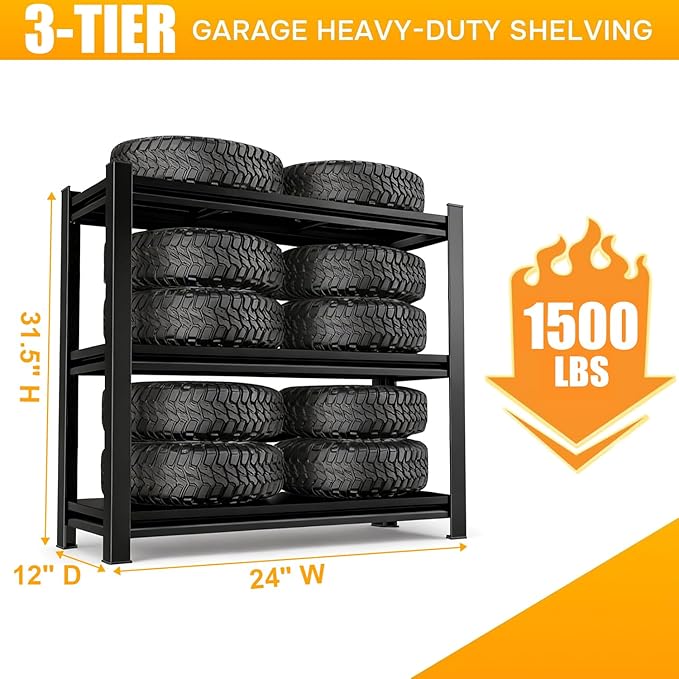 3 Tier Garage Shelving, Heavy Duty Adjustable Metal Storage Shelves, Small Shelving Unit for Garage, Basement, Pantry, 24" W x 12" D x 31.5" H