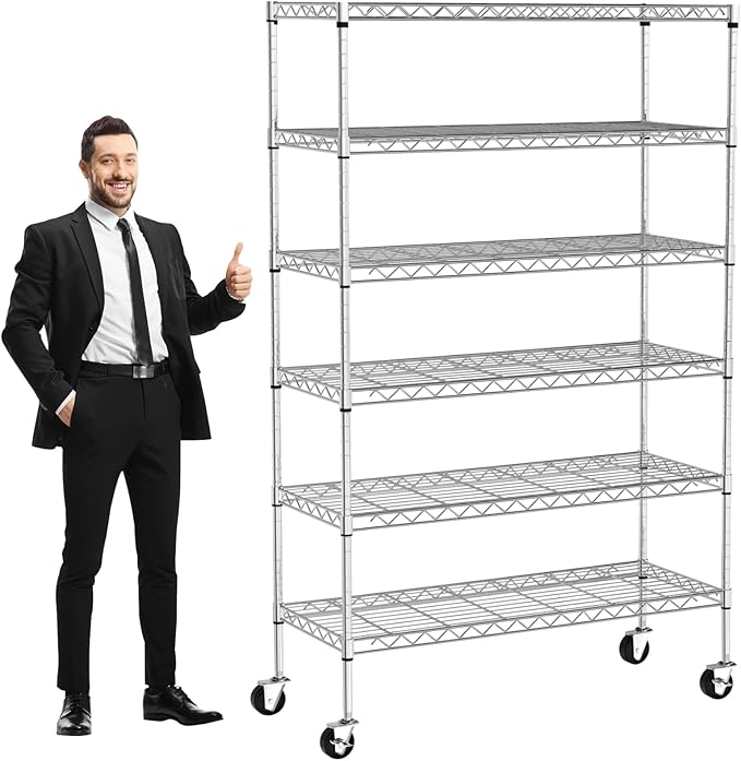 6-Tier Storage Shelves 45" x 18" x 82" Heavy Duty Metal Shelving Unit 2100Lb Capacity Adjustable Storage Racks with Wheels NSF Garage Wire Shelf for Basement Commercial, Chrome
