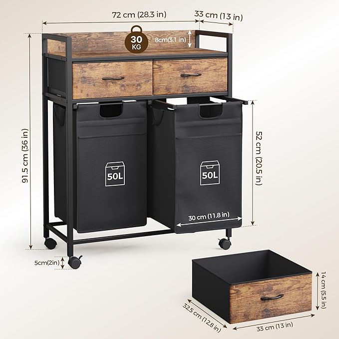 Laundry Sorter with 2 Drawers, 100L with Pull-Out Removable Laundry Bags, Laundry Hamper Baskets with 2 Section and Wheels, Rustic Brown and Black
