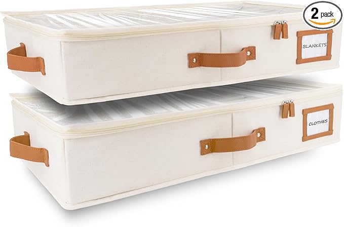 HOMELUX THEORY 2pc Under Bed Storage Containers, Bedroom Under the Bed Drawer Storage Organizer with Bins and Lids, Medium Underbed Clothes Storage Box Ideal for Blanket, Fabric, & Shoes (Ivory)