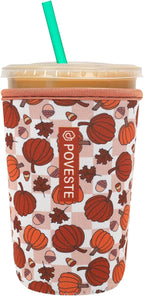 Reusable Neoprene Insulator Sleeve for Iced Coffee & Cold Soda, Coffee Sleeves for Iced & Hot Drinks, Cold Beverage Cooler Compatible with Starbucks, Dunkin (Checkerboard Pumpkin, Medium: 22-24oz)