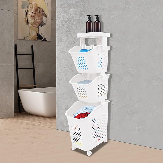 3-Tier Laundry Hamper Sorter with Wheels, Vertical Rolling Laundry Baskets Removable and Stackable, Space-Saving Cart Organizer for Dorm, Closet and Bathroom (3-Tier)