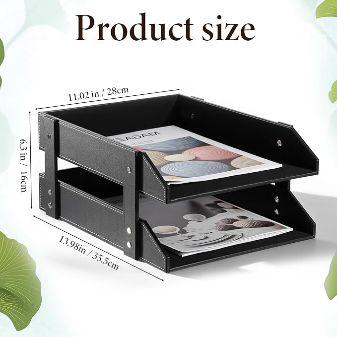 Leather Desk File Organizer 2-Tier Stackable Letter Tray Holder Desktop Organization Holder for Document, Magazines, Newspapers, Letters, and Other Home Office Paper Sundries, Black