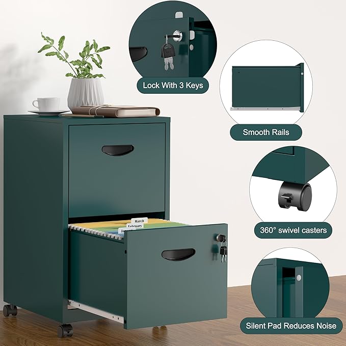 2 Drawer File Cabinet with Lock,Green Rolling File Cabinet for Home Office,Printer Stand, Metal Small Mobile Filing Cabinets on Wheels for Hanging Letter