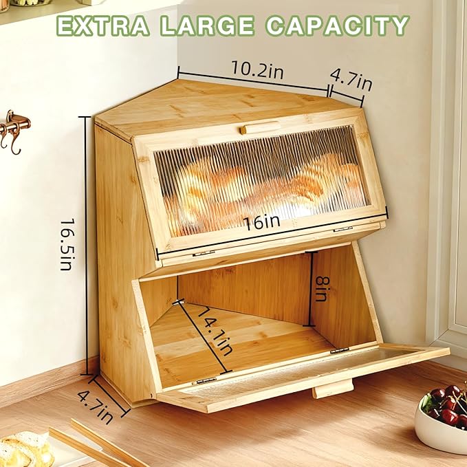Double Corner Bread Box Storage for Kitchen Countertop. Extra Large Bamboo Bread Boxes. Double Layer Bread Bin for Kitchen Countertop Cabinet.
