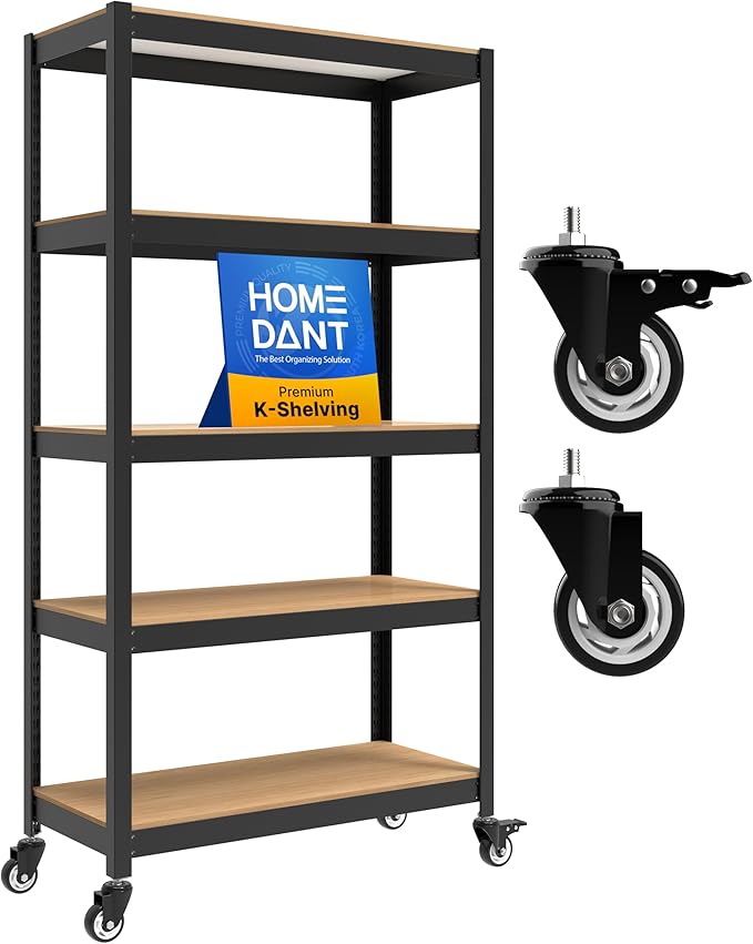 HOMEDANT House 5 Tier Heavy Duty Garage Shelving Adjustable Metal Rack Storage Shelves Standing Shelf Unit Organizers Pantry Closet Office (1, Black, (Wheels) 36.2" W x 16.2" D)