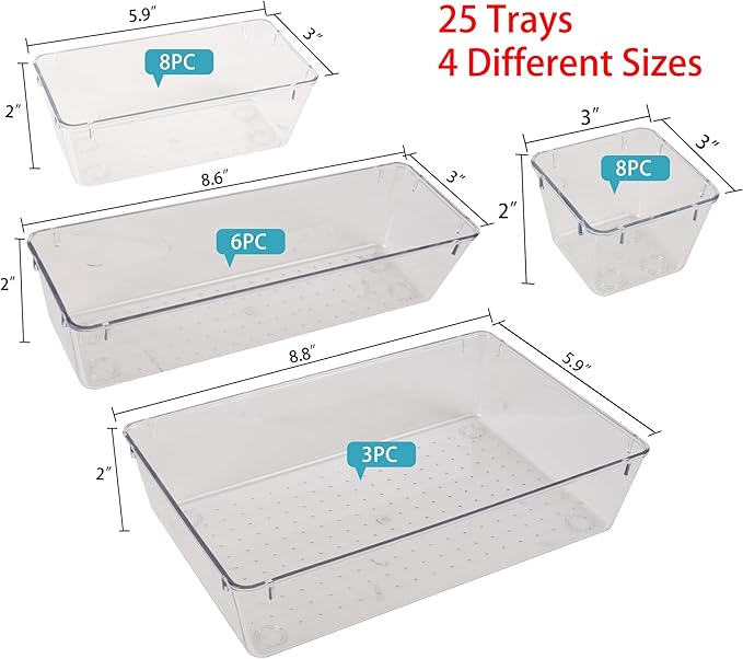 25 PCS Clear Plastic Drawer Organizer Set,Vanity Organizer Storage Bins Containers,4 Size Desk Drawer Organizer Tray