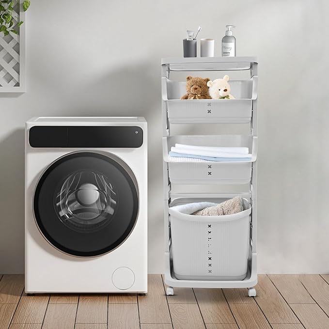 4 Tier Laundry Sorter Vertical Laundry Basket Holder Divided Dirty Clothes Laundry Hamper for Laundry Room, Bedroom, Bathroom (Grey)