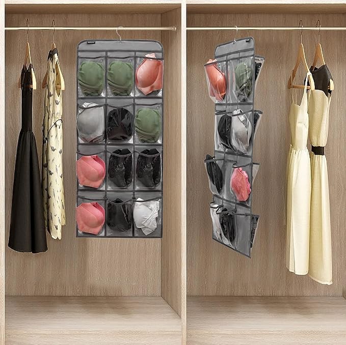 Dual Sided Hanging Shoe Organizer for Closet with Rotating Hanger Hanging Shoe Rack Holder with 24 Large Pockets (GREY-Clear Pockets)