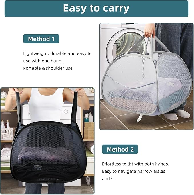 2 Pack Collapsible Laundry Baskets, 90L Large Foldable Laundry Basket, Durable Mesh Pop Up Hampers for Laundry, Dirty Clothes Laundry Hamper for Bedroom, Bathroom, Dorm, Laundry Room, Travel Black