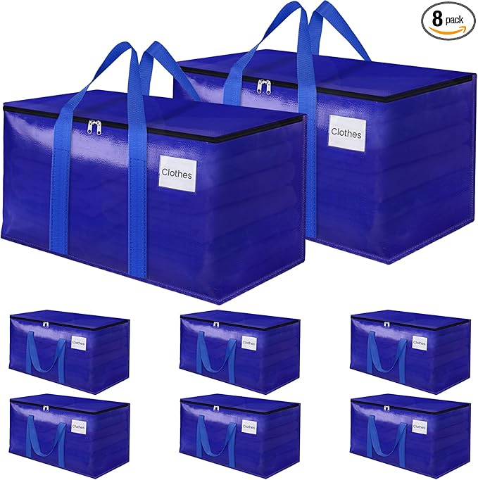Moving Storage Bags, Moving Supplies Packing Boxes for Moving, Camping, College Dorm Room Essentials for Girls, Blue Tote Bags, Heavy-Duty Storage Bins With Lids And Zippers, 125L 8Pack