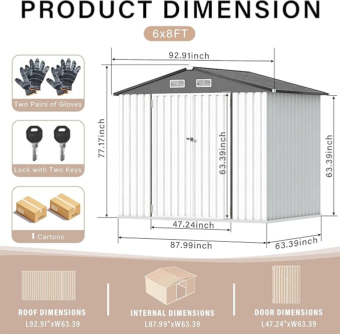 6x8 ft Metal Storage Shed, Outdoor Garden Tool Shed with Lockable Doors & Sloped Roof, Rustproof Galvanized Steel Shed for Backyard, Patio, Lawn White