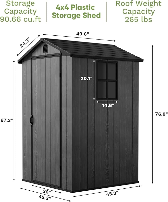 Patiowell 4' x 4' Outdoor Storage Shed with Floor, Plastic Shed Outside Resin Tool Shed with Window and Lockable Door for Backyard Garden Patio Lawn, Deep Gray