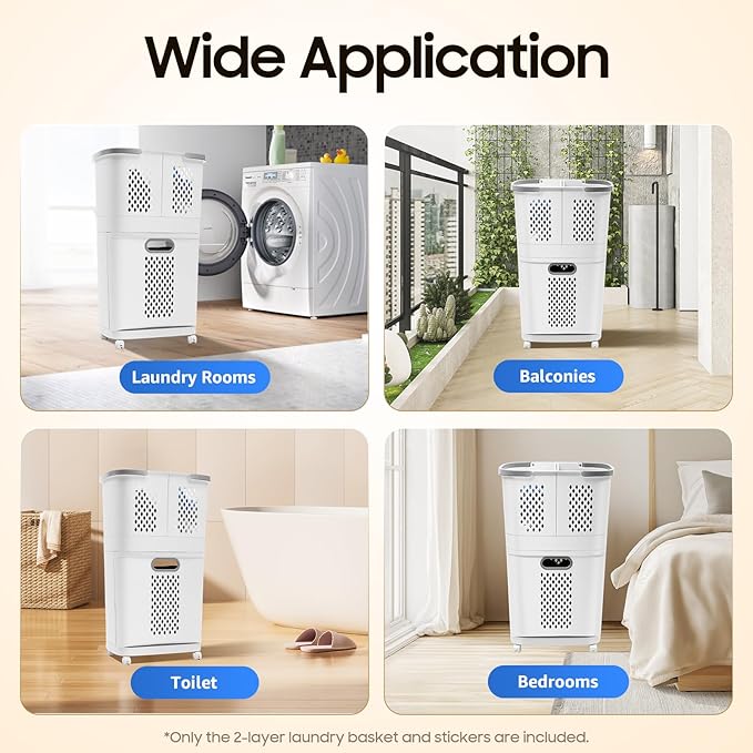 2-Tier Laundry Basket, Bathroom Clothes Storage Laundry Basket Household Simple Storage Shelf Kitchen Shelf Clothing Stand with Universal Wheels for Bathroom Bedroom Kitchen