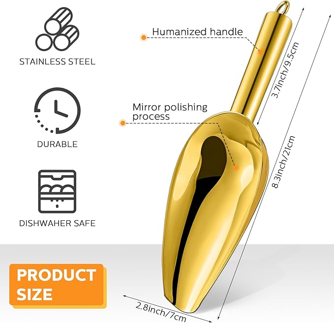 Zhehao 8 Pcs Metal Ice Scoop 6 oz Stainless Steel Ice Scooper for Ice Maker Kitchen Freezer Bar Wedding Party Small Scoops for Pet Animal Dog Food Candy Scoop Beach Shovel (Gold)