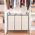 STO STO Laundry Sorter 3 Section, 3 Bag Clothes Hamper, Rolling Laundry Cart Basket with Heavy Duty Lockable Wheels and Removable Bag for Laundry Room, Bedroom, Closet, Beige