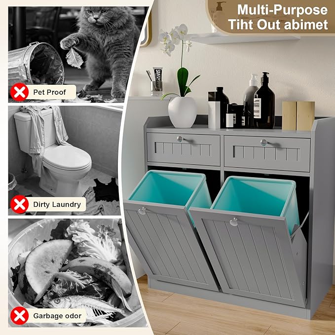 Double Tilt Out Trash Can Cabinet, Dog-Resistant, Fits 13.8"H Bins (Max 11.8"x11.8" Base), Includes Removable Fabric Hamper, Easy Assembly, Grey for Kitchen & Laundry