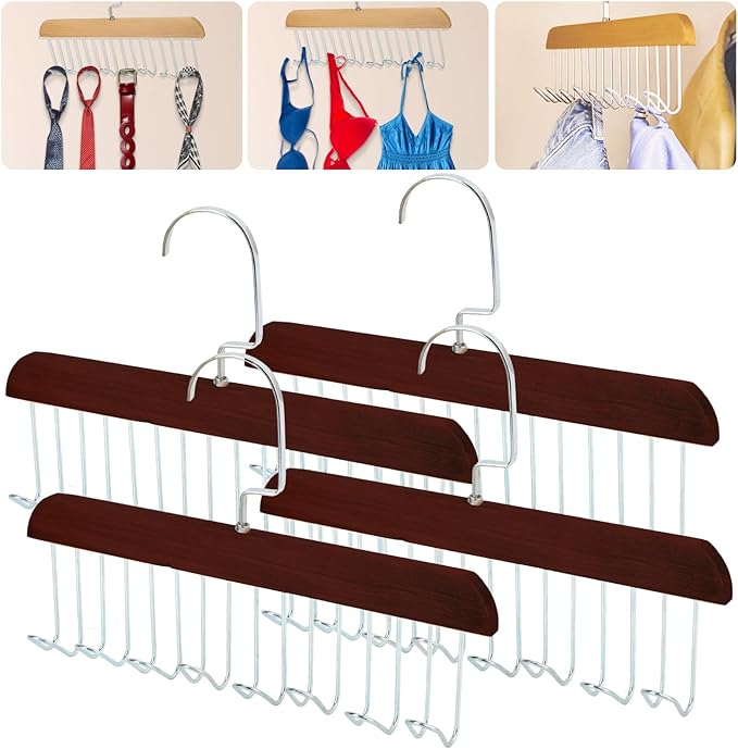 4Pcs Anti Slip Multi Hook Coat Racks,Bra Hangers for Closet Organizer with 8 Hooks 360 °Swivel Belt Hanger for Closet for Belt, Tie, Tank Top, Bra, Scarf (Brown)