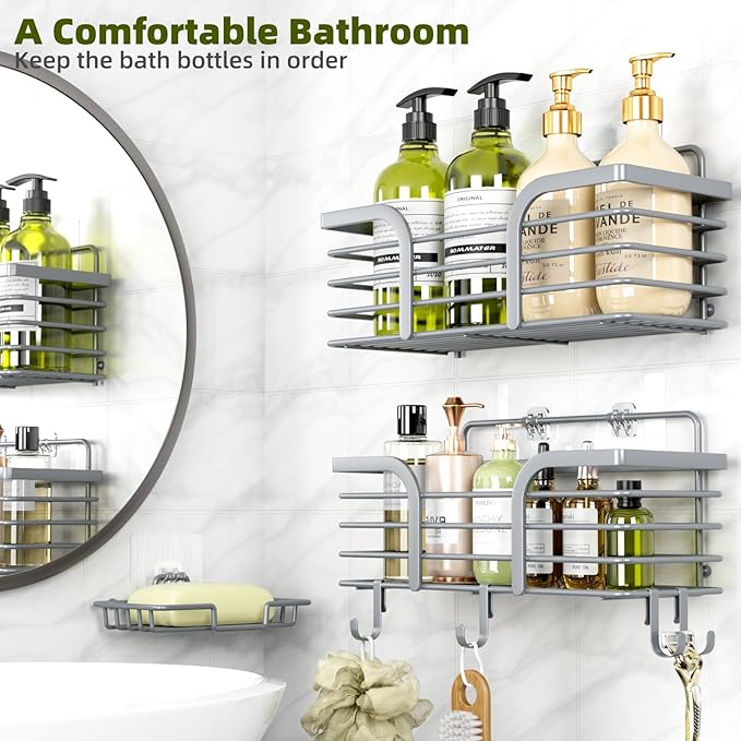 Yougai Shower Caddy, Shower Organizer with Soap Holder and Hooks, Rustproof Shower Shelves, No Drilling Bathroom Organizers and Storage, Wall-Mounted Kitchen & Home Decor, Light Grey