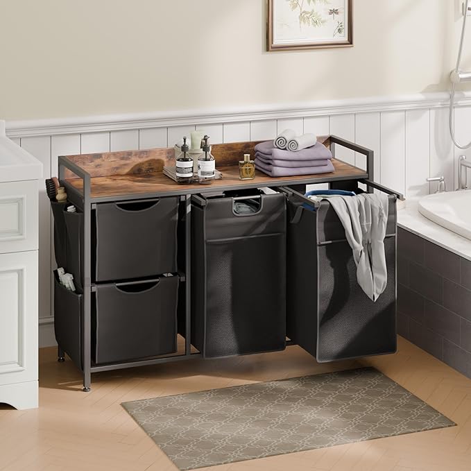 Laundry Sorter with 4 Section, 150L Laundry Hamper with Wheels, Laundry Basket with Small Side Pockets and Pull-Out Removable Liners,for Laundry Room Bedroom Bathroom