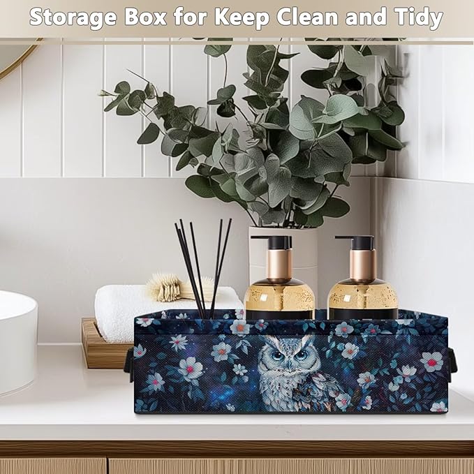 Small Storage Basket for Organizing Shelf Closet Baskets Cube Lightweight Storage Bins Container for Bathroom Office Kitchen 13.89 x 7.13 x 4.37 Inch, Owl Flower Dark Blue