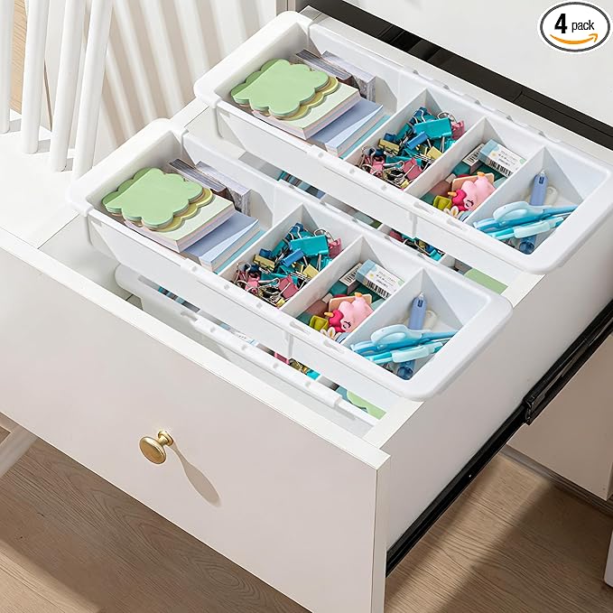 4 Pcs Expandable Drawer Organizer Bins Adjustable Deep Drawer Hanging Organizer Tray Expandable 11.4 to 18.1 Inches Plastic Dividers Storage for Office Bathroom Bedroom Kitchen Desk, White