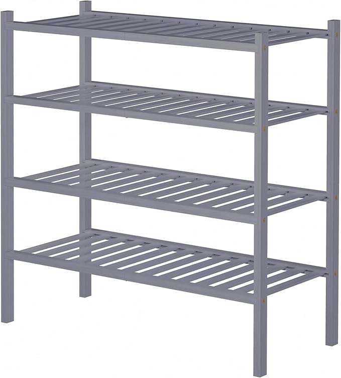 4 Tier Bamboo Shoe Rack for Closet Free Standing Wood Shoe Shelf for Entryway Small Space Stackable 27"x11"x26" (Grey)
