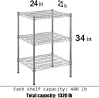 21" Deep x 24" Wide x 34" Height Wire Shelving Kit | 3-Tier | NSF Commercial Storage Rack Unit