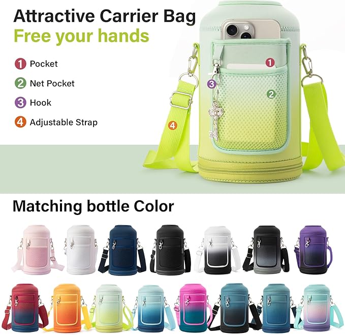 Insulated Water Bottle | Thickened Stainless Steel Vacuum Metal | Portable Sports Half Gallon Large Water Jug for Gym and Hiking with Straw, Carrier Bag, Handle Strap | BPA-Free 64 oz