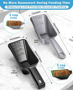 2-Pack Dog Food Scoop Set,1 Cup and 2 Cup Plastic Pet Food Measuring Scoops with Clear Measurement Lines,Multi-Purpose Pet Food Scooper for Dogs, Cats (Grey and Black)