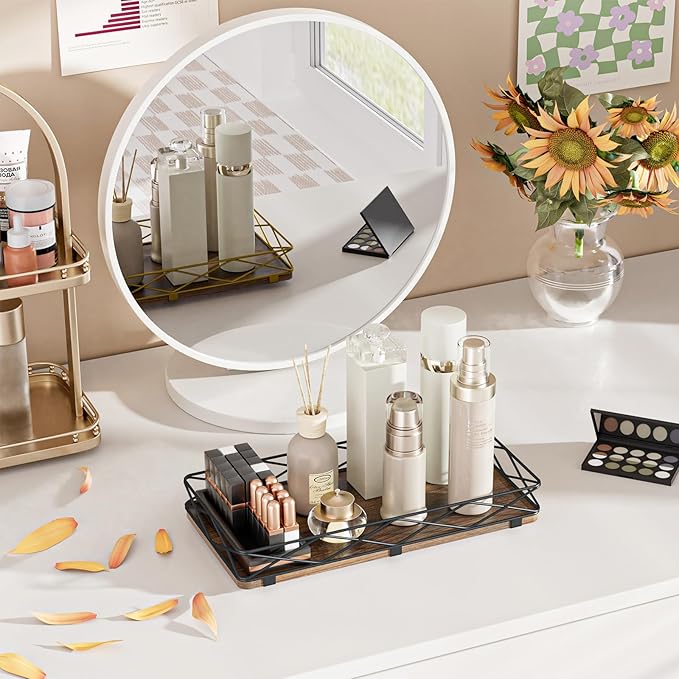 Toilet Paper Basket Holder, 13" Toilet Tank Tray, Wood and Metal Toilet Tray Vanity Organizer Bathroom Tray, Kitchen Sink Organizer for Soap Dispenser (Brown+Black)
