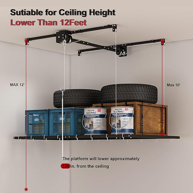 4x4 FT Overhead Garage Storage Rack for Ceilings, Heavy-Duty Metal Adjustable Ceiling Storage Racks with Safety Lock, 270LBS Mounted Rack, All-Steel Garage Organizer (4x4 FT)