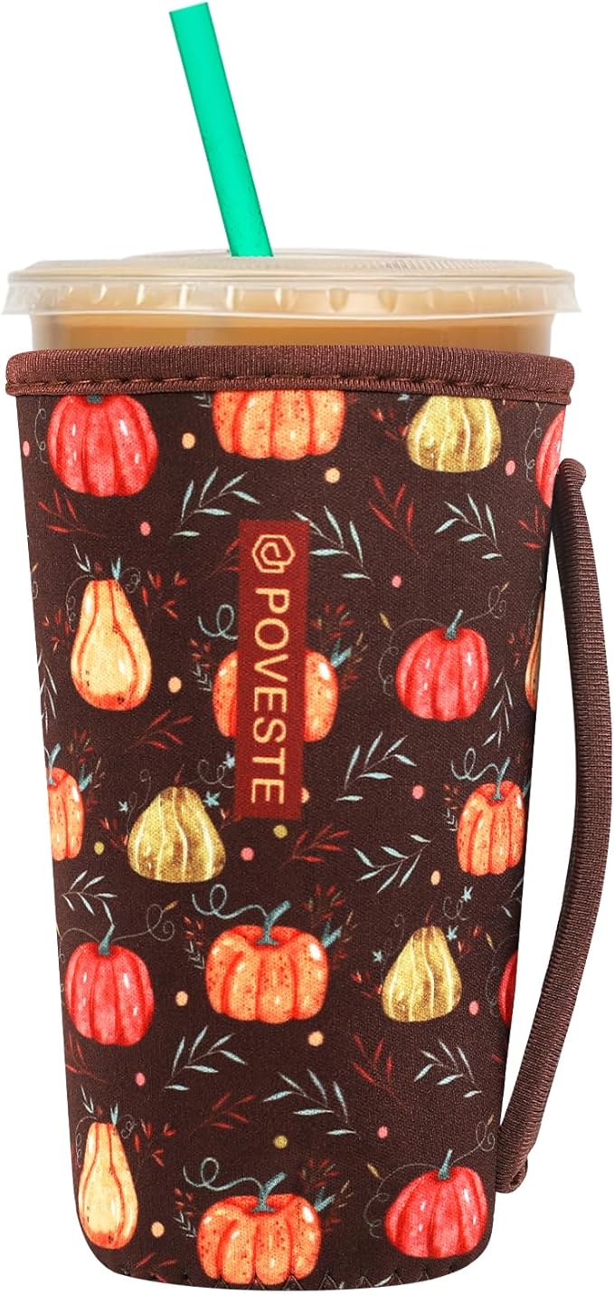 Reusable Neoprene Insulator Sleeve for Iced Coffee & Cold Soda, Coffee Sleeves for Iced & Hot Drinks, Cold Beverage Cooler Compatible with Starbucks, Dunkin (Harvest Pumpkin, Large: 32oz)