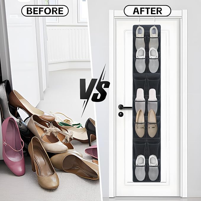 Over The Door Shoe Organizer, 14 Large Mesh Pockets Hanging Shoe Rack for Closet Organizers and Storage, 2-pack (black)