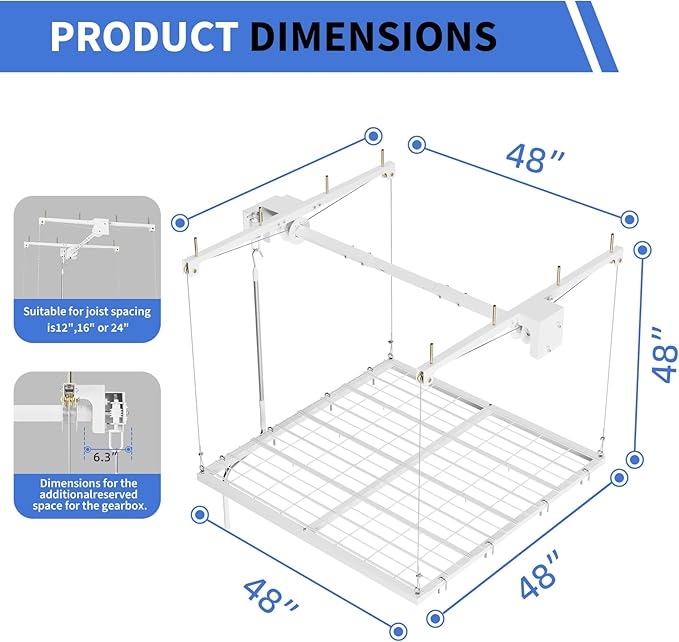 Heavy-Duty Overhead Garage Lifting Storage Rack, 4x4 ft Carbon Steel Ceiling Storage Rack with Manual Crank, Adjustable Organization System, Supports 350Lbs for Garages Workshops
