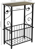 MyGift Scrollwork Black Metal Toilet Paper Roll Holder and Magazine Rack Stand with Gray Solid Wood Display Shelf