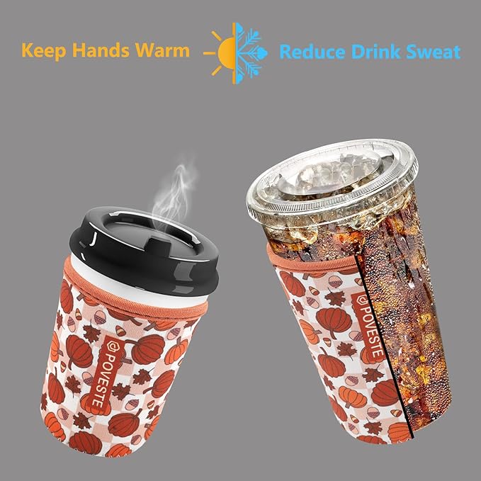 Reusable Neoprene Insulator Sleeve for Iced Coffee & Cold Soda, Coffee Sleeves for Iced & Hot Drinks, Cold Beverage Cooler Compatible with Starbucks, Dunkin (Checkerboard Pumpkin, Small: 16-18oz)