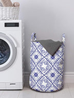 Ambesonne Floral Laundry Bag, Arts and Craft Theme Flower Pattern on Porcelain Inspired Texture Graphic Print, Hamper Basket with Handles Drawstring Closure for Laundromats, 13" x 19", Blue White
